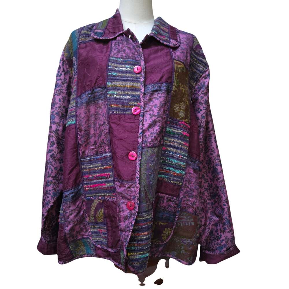 Coldwater Creek Women Vtg Whimsigoth Boho Maximalist Silk Patchwork Jacket 3X